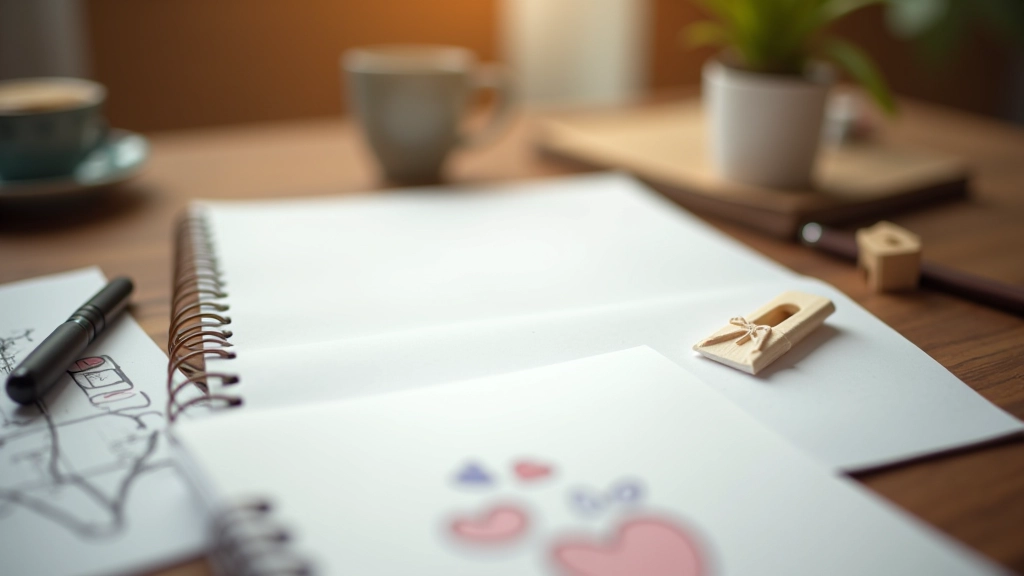 Notas e esboços espalhados numa mesa de trabalho, representando o processo de estruturação de uma história pessoal