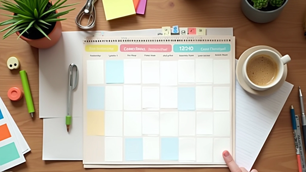 Calendário editorial e plano de conteúdo numa parede com notas coloridas e organização visual