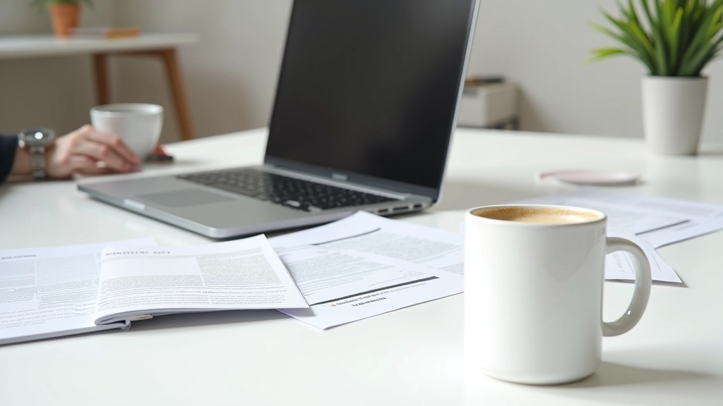Computador portátil aberto com documentos e anotações ao redor, café numa caneca branca, espaço de trabalho criativo