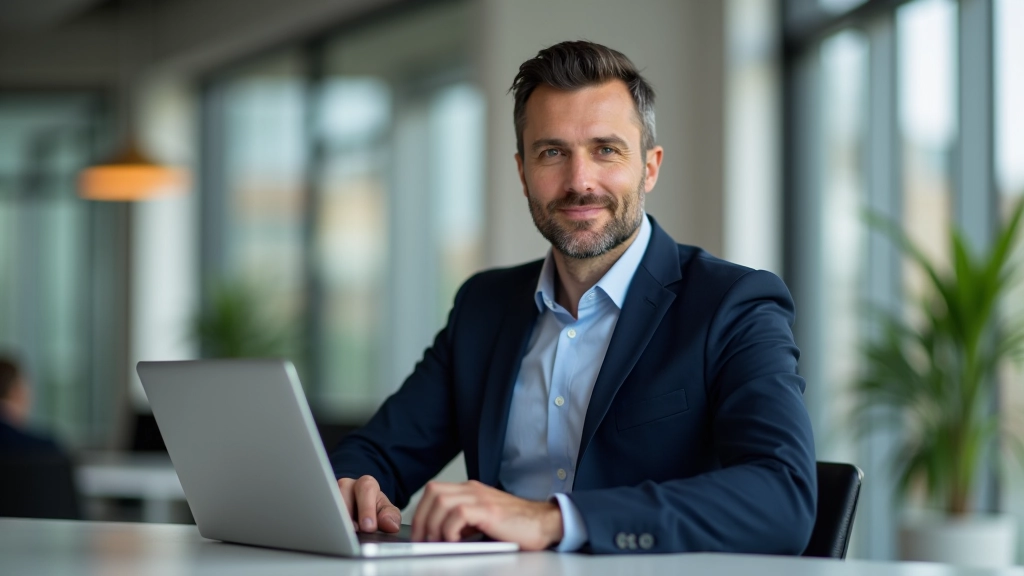 Profissional em terno escuro a trabalhar num ambiente corporativo moderno