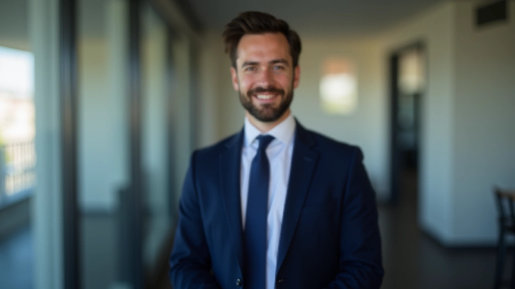 Homem em terno azul escuro de pé numa sala de conferências com luz natural