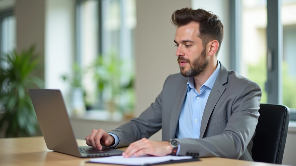 Pessoa a trabalhar num escritório moderno, concentrada na estratégia digital com notas e laptop visíveis