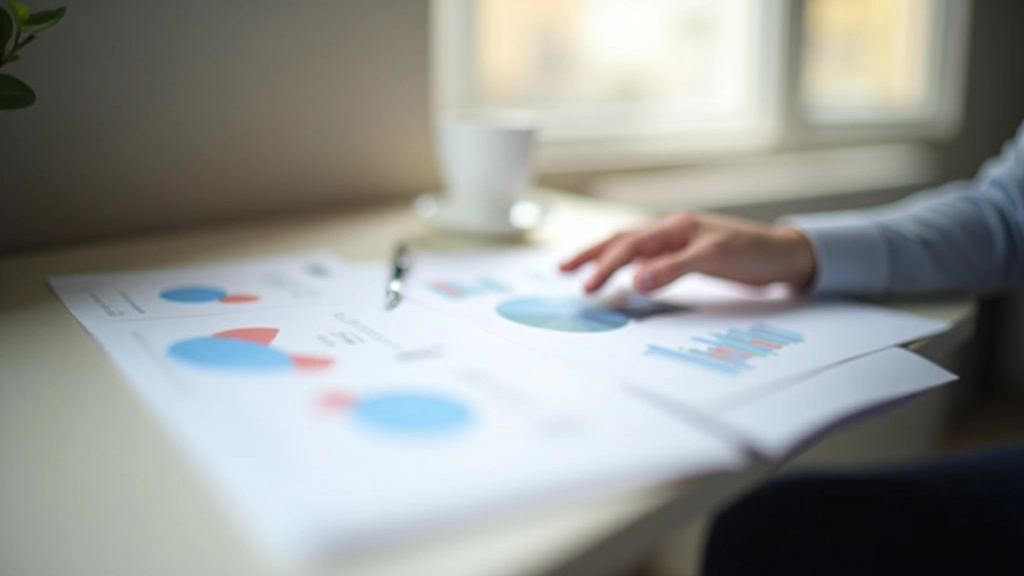 Pessoa a analisar documentos e gráficos numa mesa de trabalho, com café e caneta ao lado, luz natural