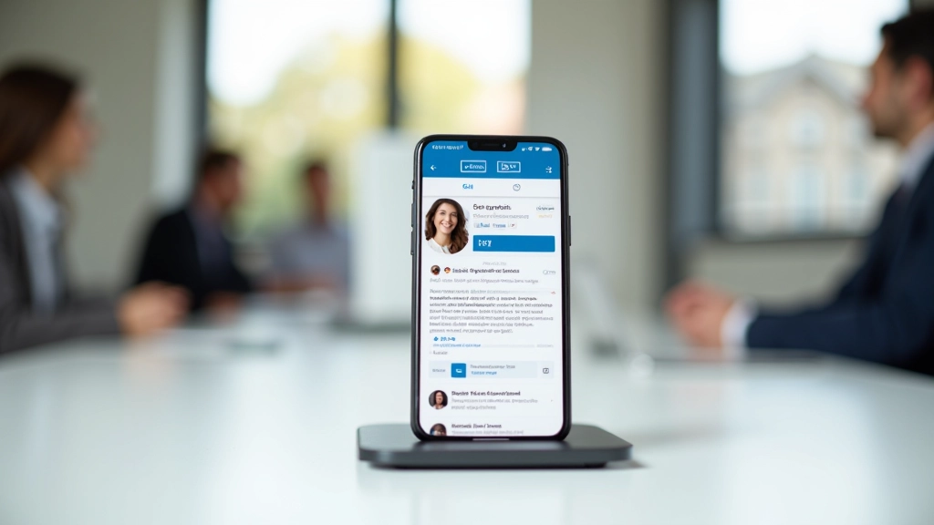 Smartphone a mostrar perfil LinkedIn bem estruturado com foto profissional e descrição clara de expertise profissional