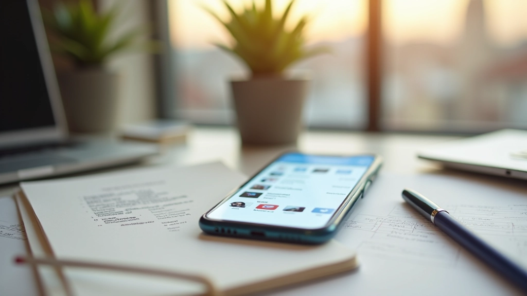 Telemóvel a mostrar perfis de redes sociais numa mesa de trabalho com acessórios