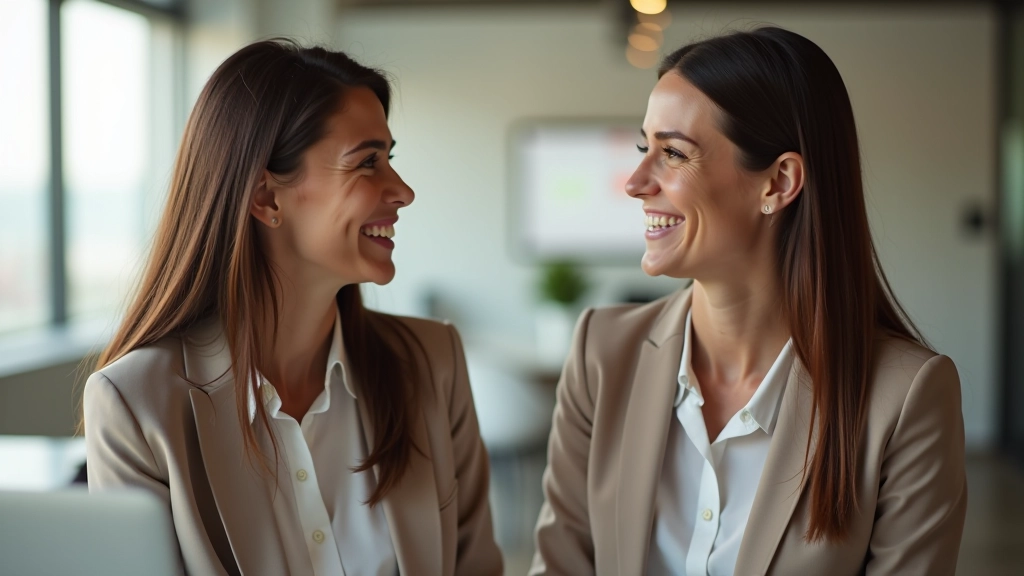 Duas mulheres profissionais em conversa durante uma pausa de trabalho, expressões positivas e engajadas