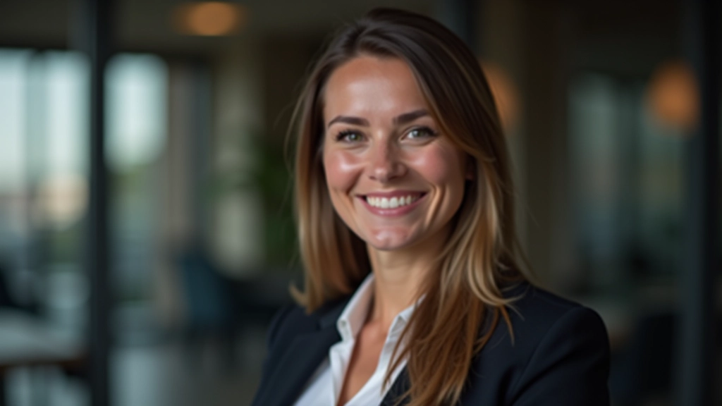 Mulher a sorrir confiante durante apresentação profissional num palco com iluminação moderna