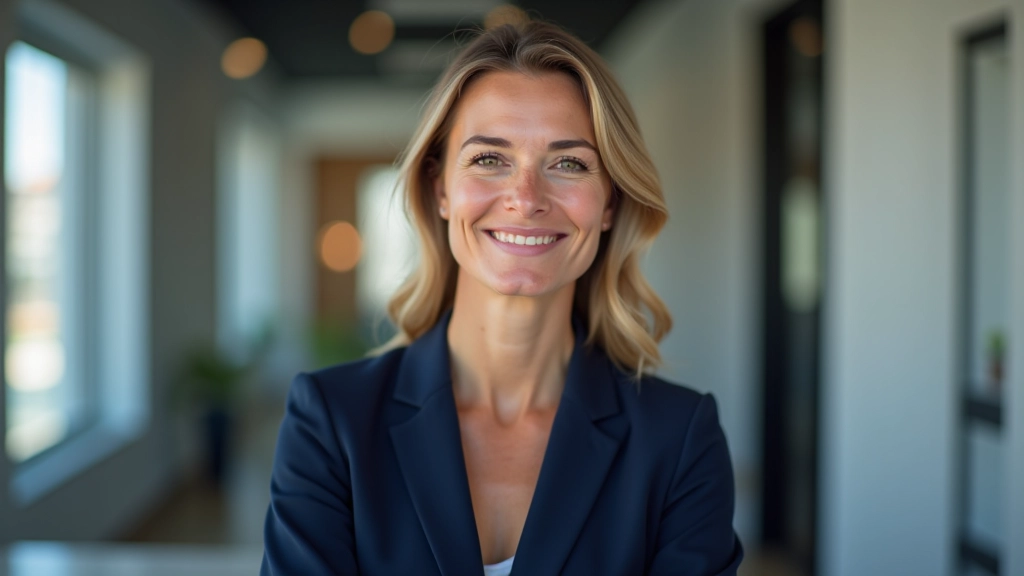 Mulher em blazer profissional a revisar notas num ambiente corporativo moderno com iluminação natural