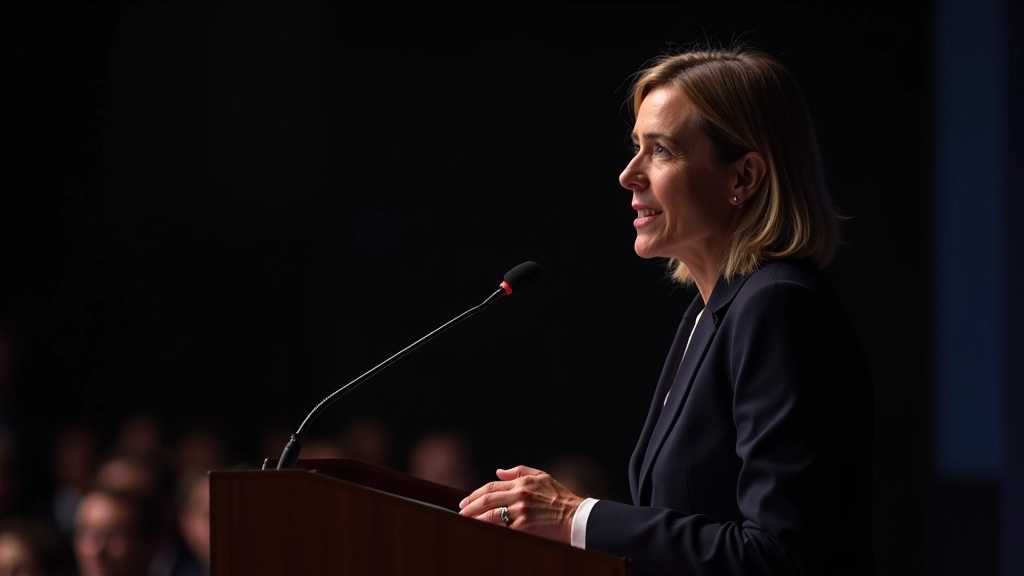 Mulher a falar numa conferência profissional com confiança, em roupa bem estruturada e iluminação de palco