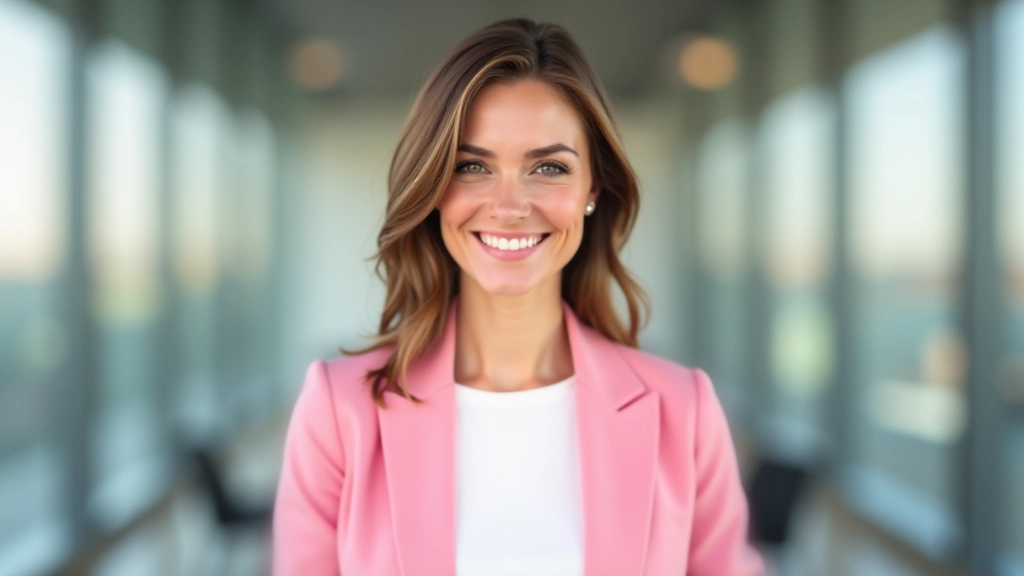 Mulher profissional de meia-idade em blazer rosa, sorrindo com confiança numa sala de reuniões com vidraças