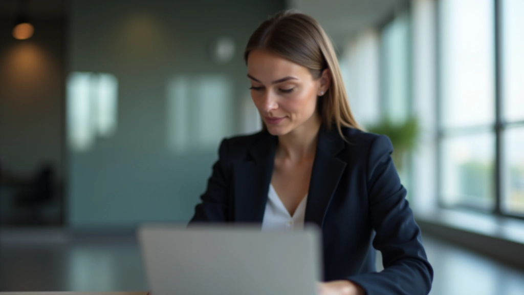 Mulher profissional a escrever no computador portátil numa sala de reuniões moderna