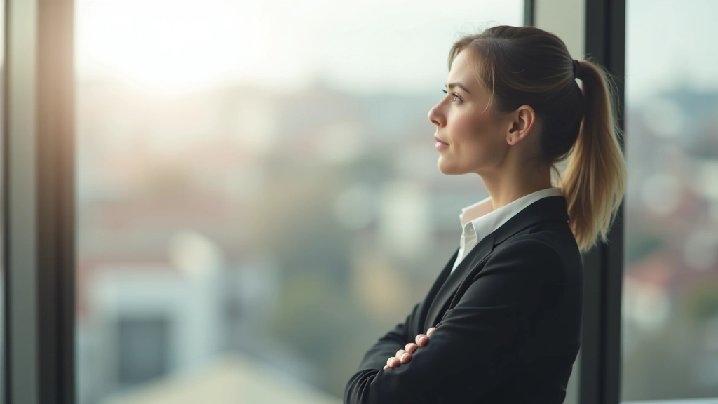 Mulher a olhar pela janela de um escritório moderno, pensativa, com vista para a cidade ao fundo