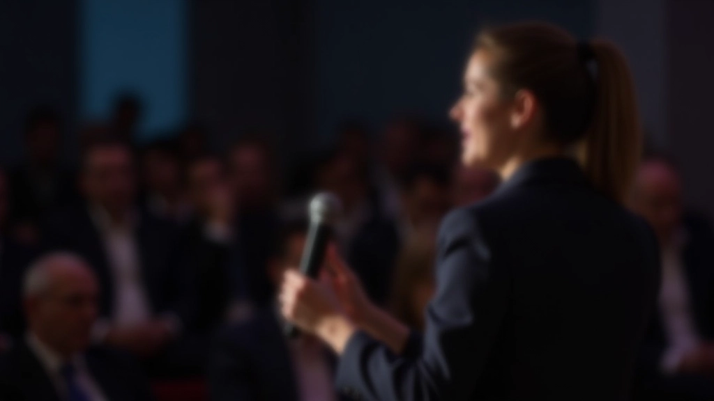Mulher a falar numa conferência com microfone, à frente de uma audiência desfocada
