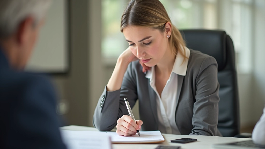 Mulher profissional a escrever notas num caderno durante uma reunião de trabalho, com expressão focada